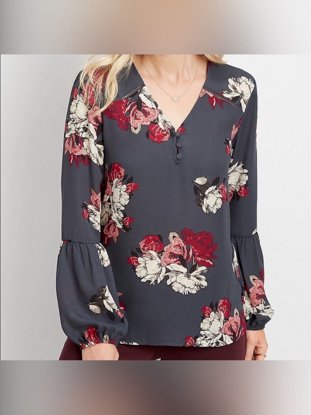 Maurices Charcoal Floral V-Neck Blouse with Red & Cream Blooms
